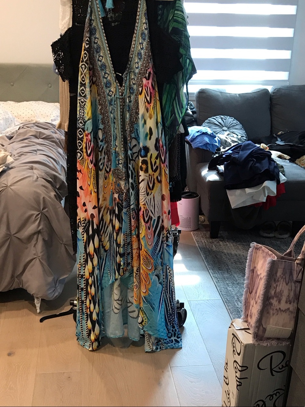 V-Neck Multicolor Printed Swim Coverup - Bright Blue & Yellow